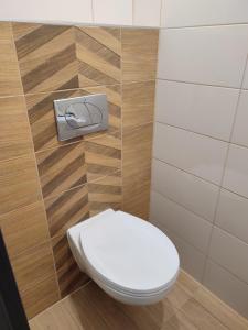 a bathroom with a toilet with a toilet paper dispenser at Dévai-LUX Apartman Sárvár in Sárvár