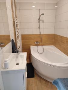 a bathroom with a tub and a toilet and a sink at Dévai-LUX Apartman Sárvár in Sárvár