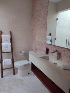 a bathroom with a sink and a toilet and a mirror at Piña Coloradas Ecolodge in Yuluc