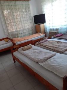 a room with three beds and a television in it at Malomtavi Vendégház in Tapolca