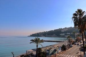 a view of a beach with palm trees and the ocean at "Les Orchidées" Cosy et rénové, Proche Mer, Gare in Roquebrune-Cap-Martin