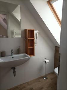 La salle de bains est pourvue d'un lavabo et d'un miroir. dans l'établissement Penzion Venkovský Dvůr, à Hlohovec