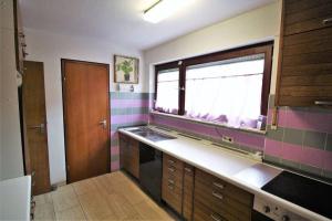 cocina con fregadero y ventana en Schöne, große Wohnung mit Parkplatz und Wlan, 