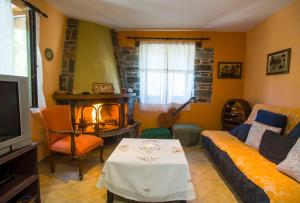 Iris' Traditional Stone House في Zárakes: غرفة معيشة مع أريكة ومدفأة