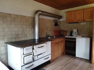 a kitchen with a stove and a white refrigerator at Thaletalm in Innervillgraten