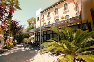 a building with chairs and a palm tree in front of it at Hotel Villa Edera in Venice-Lido