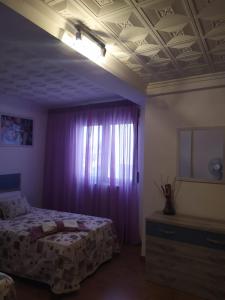 a bedroom with a bed and a purple curtain at Juderia in Teruel