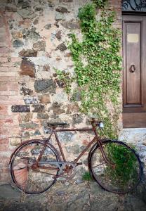rower zaparkowany przed kamiennym budynkiem w obiekcie Agriturismo Podere Casella w mieście Castiglione dʼOrcia