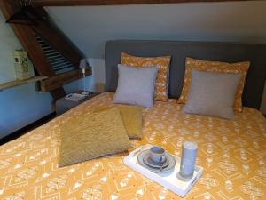 a bed with a tray with a plate of food on it at L 'Anima BB & table d'hôte in Helecine