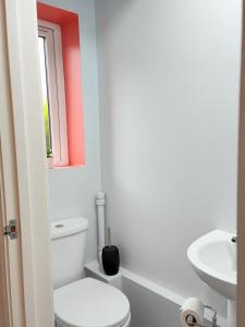 a bathroom with a white toilet and a sink at Carvetii - Phoenix House - Near Hospital, max 8 ppl in Carlisle