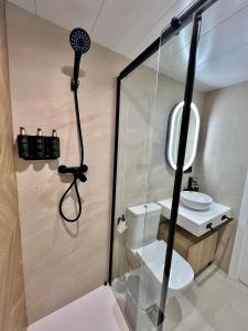 a bathroom with a shower with a toilet and a sink at Apartamento Lucano in Córdoba
