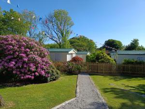 a garden with pink flowers and a wooden fence at Rivermead Holidays in Saint Breward