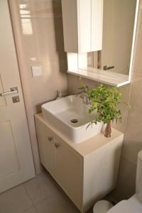 a bathroom with a sink and a plant on a counter at Orange apartment in Zarós