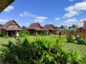 a group of houses in a yard with grass at Domki letniskowe w Kopalinie in Kopalino