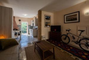 una sala de estar con una bicicleta colgada en la pared en Beautiful apartment with a fantastic balcony view 