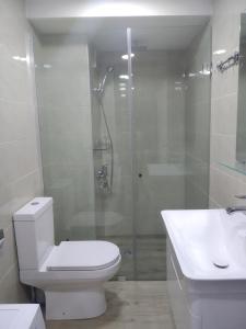 uma casa de banho com um chuveiro, um WC e um lavatório. em Tbilisi apartments em Tbilisi