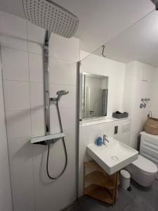ein Bad mit einer Dusche und einem Waschbecken in der Unterkunft Ferienwohnung Strandsegler, Ferienanlage "Blaumuschel" in Lubmin