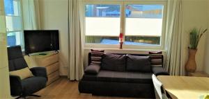 a living room with a couch and a television at Alpine Kitz in Hollersbach im Pinzgau