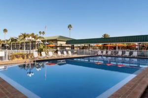 einen Pool in einem Resort mit Stühlen und Sonnenschirmen in der Unterkunft Getaway At The Marina in Sarasota