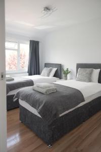 two beds in a bedroom with white walls and wood floors at Knollmead House in Surbiton