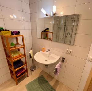 La salle de bains blanche est pourvue d'un lavabo et d'une douche. dans l'établissement Appartement im Ahlesbrunnen, à Bietigheim-Bissingen