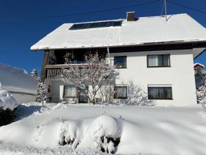 una casa coperta di neve di fronte a una casa di Haus Janßen-Wehrle a Titisee-Neustadt