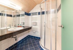 a bathroom with a sink and a shower at Landhaus Metzgerstubn in Sankt Martin