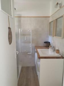 a small bathroom with a sink and a shower at La Petite Etoile in Andernos-les-Bains