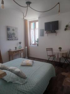 1 dormitorio con 1 cama y TV en la pared en Chambre d'hôte Au Jardin Le clos des vins d'Anges, en Saint-Pierre-des-Champs