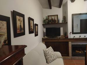 Una sala de estar con chimenea y televisión. en Casa Rural Alamillo, en Luque