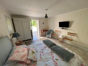 ein Schlafzimmer mit einem Bett und einem TV an der Wand in der Unterkunft Le logis de Lasteyrie in La Rochebeaucourt-et-Argentine
