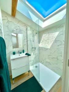 uma casa de banho com uma cabina de duche em vidro e um lavatório. em *ARENA* - duplex lumineux em Reims