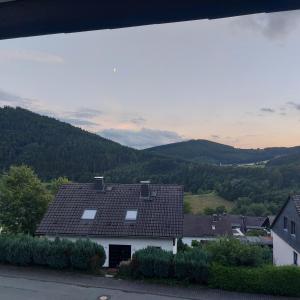 ein Dach eines Hauses mit Bergen im Hintergrund in der Unterkunft Ferienwohnung See & Bergblick in Winterberg