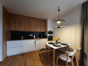 a kitchen with a table and chairs in a room at Apartmány Kubínska, Hillside in Dolný Kubín