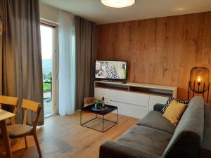 a living room with a couch and a tv at Apartmány Kubínska, Hillside in Dolný Kubín