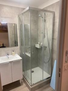 uma casa de banho com um chuveiro e um lavatório. em Superbe appartement dans résidence avec piscine em Toulouse