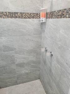 a bathroom with a shower with a tiled wall at Sunshine in Tampa