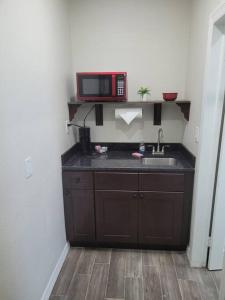 a kitchen with a sink and a microwave at Sunshine in Tampa +6 photos