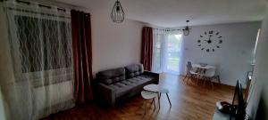 uma sala de estar com um sofá e um relógio na parede em Apartament Sołtysia Góra em Jelenia Góra