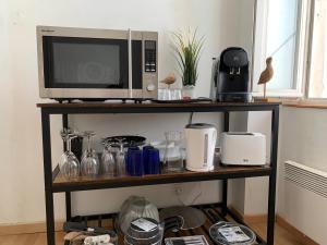 kuchenka mikrofalowa na półce z urządzeniami w obiekcie Biarritz centre, près Avenue de Verdun, cosy Apt 2 pieces , salon , chambre séparé, rue très calme à 10 minutes à pied de la grande plage w Biarritz