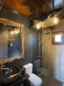 a bathroom with a sink and a mirror and a toilet at Luxury Wooden Villas in Makrygialos