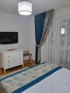 Apartament QUIET في غالاتس: غرفة نوم بسرير وتلفزيون وخزانة