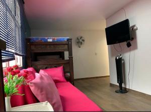 a living room with a bed with pink pillows at XaviHostel in Bucaramanga