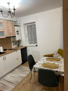a kitchen with a table and chairs in a kitchen at Apartament Gabriela 39 in Baia Mare