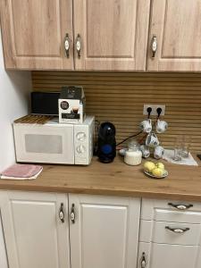 a kitchen counter with a microwave and a plate of food at Apartament Gabriela 39 in Baia Mare