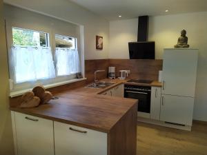 une cuisine avec des armoires blanches et un comptoir dans l'établissement Ferienhof Dachsberg Wohnung Sundowner, à Bermatingen