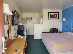 a hotel room with a bed and a desk with a television at Budget Inn Motel Dalhart in Dalhart