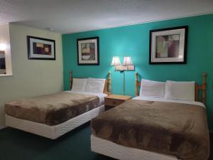 two beds in a hotel room with blue walls at Budget Inn Motel Dalhart in Dalhart