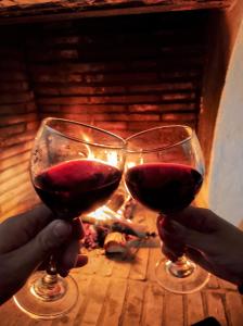dos personas sosteniendo copas de vino tinto en Pousada Verdes Alpes, en Santo Antônio do Pinhal