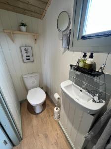 a small bathroom with a toilet and a sink at Shepherds Delight in Werrington
